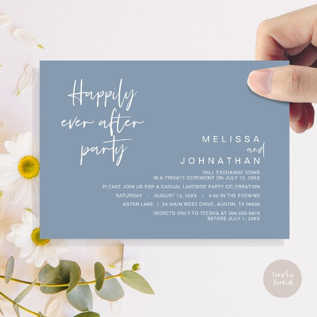 Lyckligtvis efter Bröllopsfest, Dusty Blue Inbjudningar (Happily Ever After Party Invitation Card, PDF, Modern Wedding Elopement, in Dusty Blue)