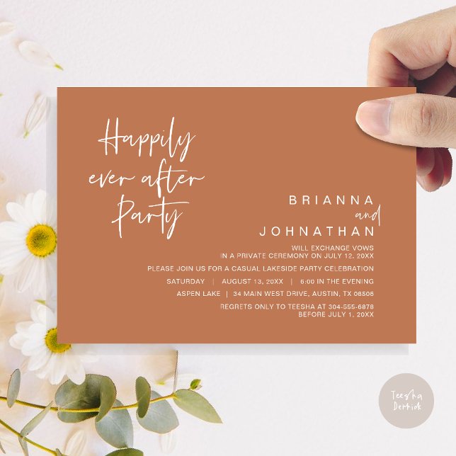 Lyckligtvis efter Bröllopsfest, koppar Brown Inbjudningar (Happily Ever After Party Invitation Card, PDF, Modern Wedding Elopement, in Copper Brown)
