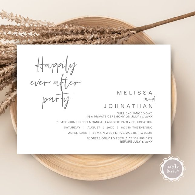 Lyckligtvis efter Bröllopsfest, Mörk Grått Inbjudningar (Happily Ever After Party Invitation Card, PDF, Modern Wedding Elopement, in Dark Grey)