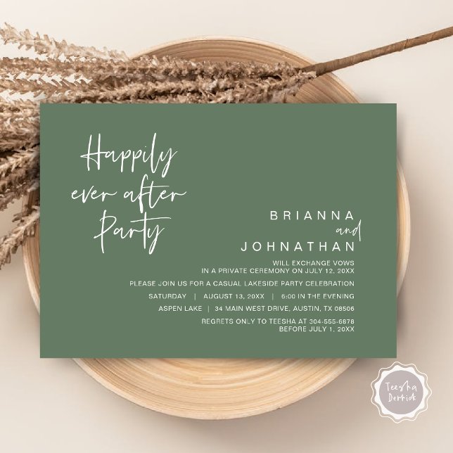 Lyckligtvis efter Bröllopsfest, Sage Grönt Inbjudningar (Happily Ever After Party Invitation Card, PDF, Modern Wedding Elopement, in Forest Sage Green)