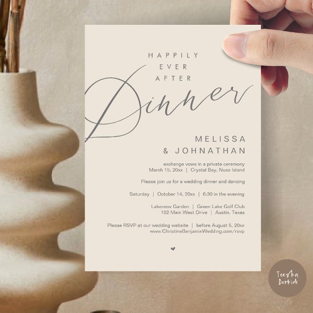 Lyckligtvis efter Bröllopsfesten Cream Grått Inbjudningar (Happily Ever After Dinner Invitation Card, PDF, Modern Romantic Wedding Elopement , in Cream Grey)