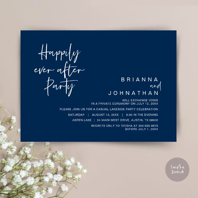 Lyckligtvis efter Bröllopsfesten, marinblått Inbjudningar (Happily Ever After Party Invitation Card, PDF, Modern Wedding Elopement, in Classy Navy Blue)