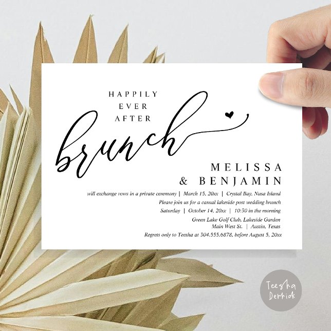 Lyckligtvis efter Brunch Bröllop Elopement Inbjudningar (Happily Ever After Brunch, Modern Romantic Heart Wedding Elopement Card, PDF, in Black and White)