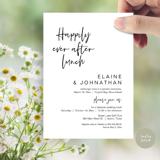 Lyckligtvis efter Brunch, Bröllop Elopement Inbjudningar (Happily Ever After Lunch, Modern Wedding Elopement Party Invitation Card, PDF, in Black and White)