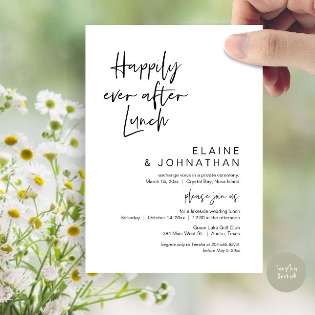 Lyckligtvis efter Brunch, Bröllop Elopement Inbjudningar (Happily Ever After Lunch, Modern Wedding Elopement Party Invitation Card, PDF, in Black and White)