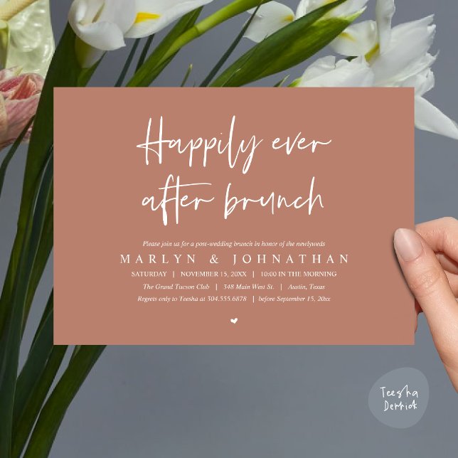 Lyckligtvis efter Brunch, Bröllop Elopement Inbjudningar (Happily Ever After Brunch, Modern Romantic Post Wedding Invitation Card, PDF, Earthy Brown)