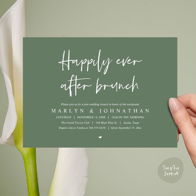Lyckligtvis efter Brunch, Bröllop Elopement Inbjudningar (Happily Ever After Brunch, Modern Romantic Post Wedding Invitation Card, PDF, Greenery sage green)