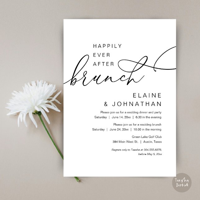 Lyckligtvis efter Brunch, Bröllop Elopement Party Inbjudningar (Happily Ever After Brunch Invitation Card, PDF, in Modern Romantic Script, Black and White)