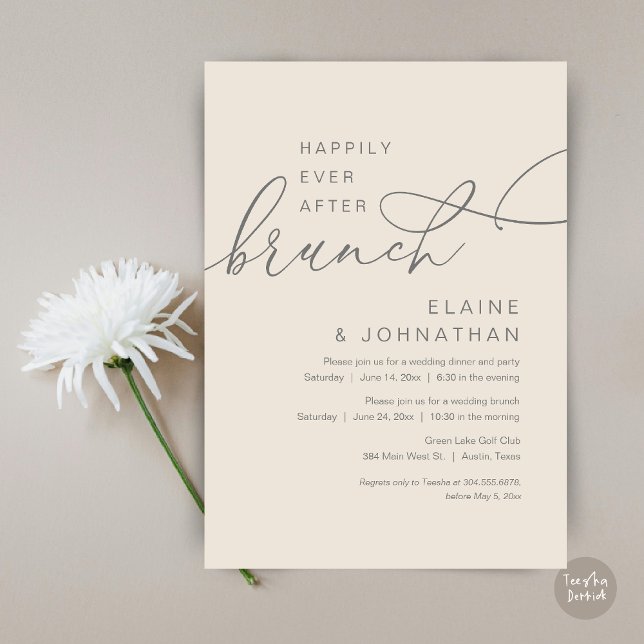 Lyckligtvis efter Brunch, Bröllop Elopement Party Inbjudningar (Happily Ever After Brunch Invitation Card, PDF, in Modern Romantic Script, Cream Grey)