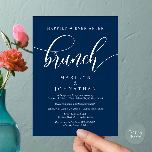 Lyckligtvis efter Brunch, efter Bröllop Inbjudningar (Happily Ever After Lunch, Wedding Party Invitation Card PDF Modern Beautiful Navy Blue)