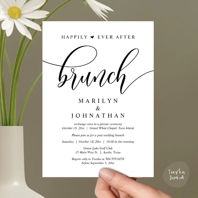 Lyckligtvis efter Brunch, efter Bröllop Inbjudningar (Happily Ever After Lunch, Wedding Party Invitation Card PDF Modern Beautiful White Black)