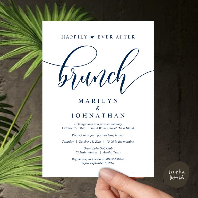 Lyckligtvis efter Brunch, efter Bröllop Inbjudningar (Happily Ever After Lunch, Wedding Party Invitation Card PDF Modern Beautiful Navy Blue)