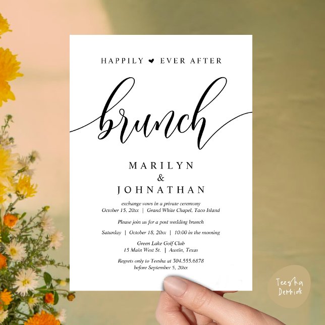 Lyckligtvis efter Brunch, efter Bröllop Inbjudningar (Happily Ever After Lunch, Wedding Party Invitation Card PDF Modern Beautiful White Black)