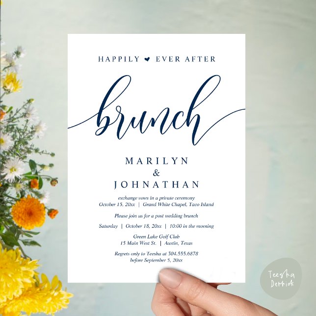 Lyckligtvis efter Brunch, efter Bröllop Inbjudningar (Happily Ever After Lunch, Wedding Party Invitation Card PDF Modern Beautiful Navy Blue)