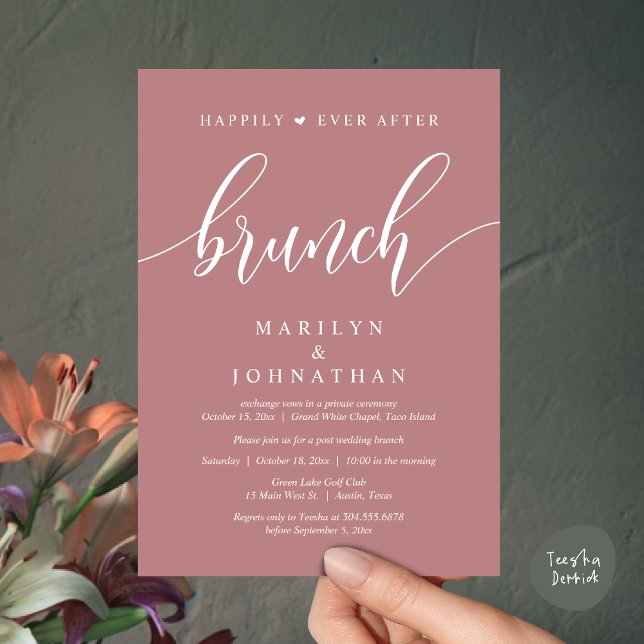 Lyckligtvis efter Brunch, efter Bröllop Inbjudningar (Happily Ever After Brunch, Wedding Party Invitation Card PDF Modern Beautiful Dusty Rose Pink)