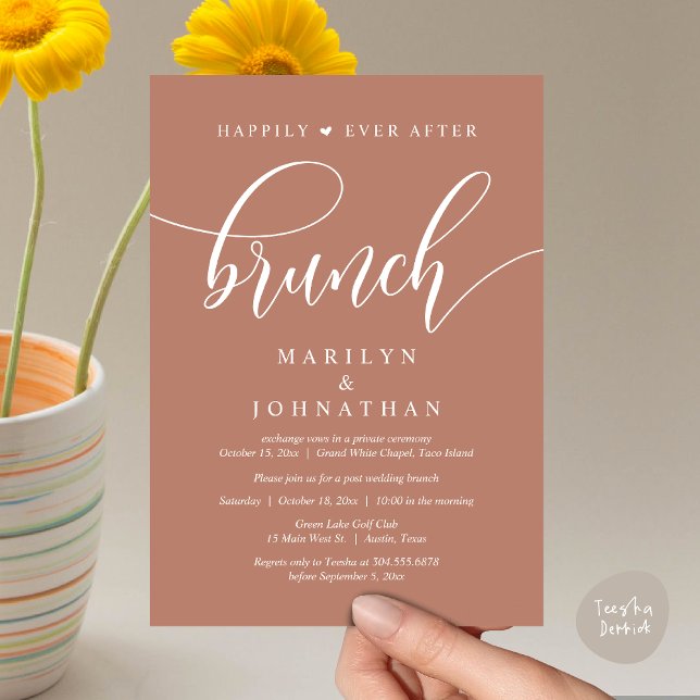 Lyckligtvis efter Brunch, efter Bröllop Inbjudningar (Happily Ever After Brunch, Wedding Party Invitation Card PDF Modern Beautiful Terracotta Earthy)