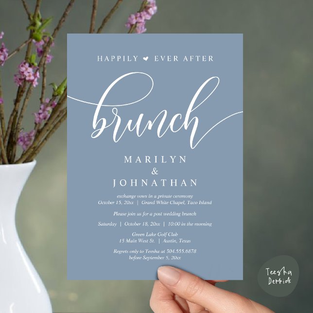 Lyckligtvis efter Brunch, efter Bröllop Inbjudningar (Happily Ever After Brunch, Wedding Party Invitation Card PDF Modern Beautiful Dusty Blue)
