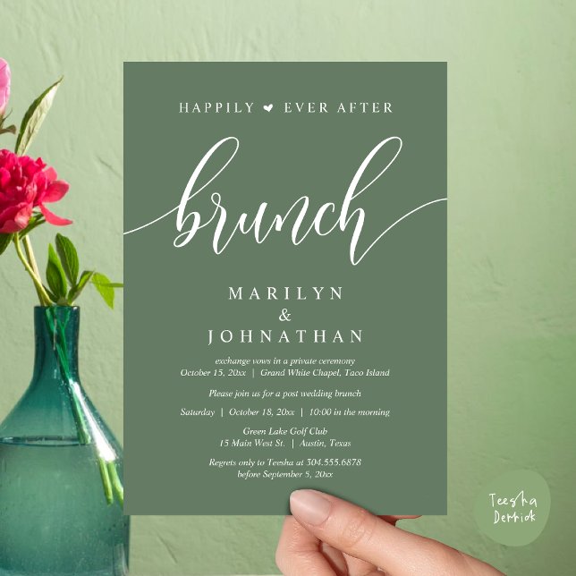 Lyckligtvis efter Brunch, efter Bröllop Inbjudningar (Happily Ever After Brunch, Wedding Party Invitation Card PDF Modern Beautiful Greenery Sage Green)
