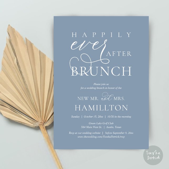 Lyckligtvis efter Brunch Post Bröllop Firande Inbjudningar (Happily Ever After Brunch Post Wedding Celebration Invitation Card, PDF, in Dusty Blue)
