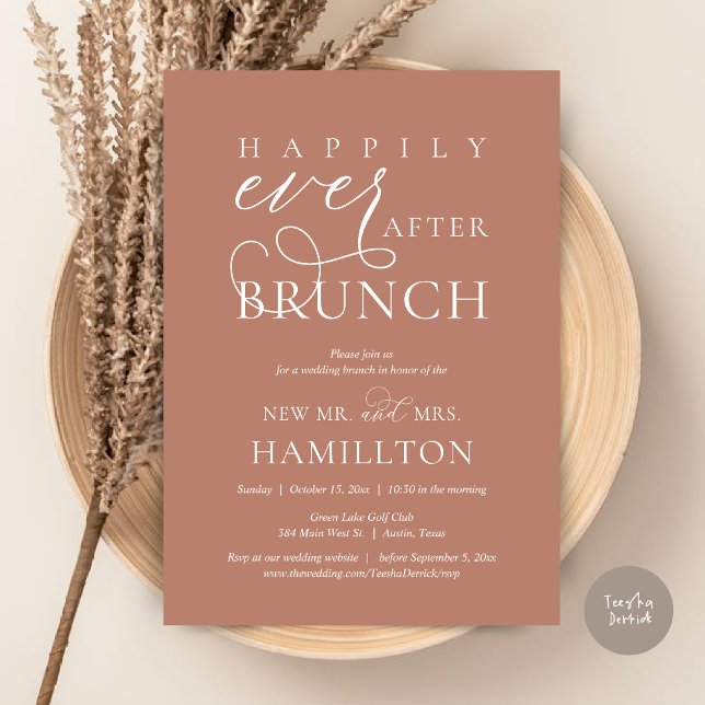 Lyckligtvis efter Brunch Post Bröllop Firande Inbjudningar (Happily Ever After Brunch Post Wedding Celebration Invitation Card, PDF, in Terracotta Earthy)