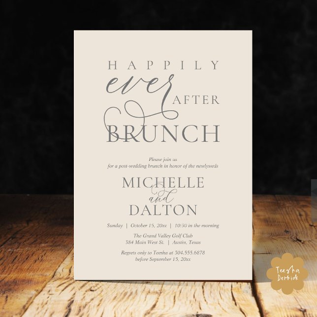 Lyckligtvis efter Brunch vackra Post Bröllop Inbjudningar (Happily Ever After Brunch Invitation Card PDF Wedding Elopement Modern Romantic Classy Cream Grey)