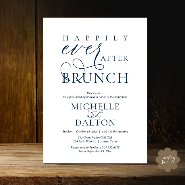 Lyckligtvis efter Brunch vackra Post Bröllop Inbjudningar (Happily Ever After Brunch Invitation Card PDF Wedding Elopement Modern Romantic Classy Navy Blue)