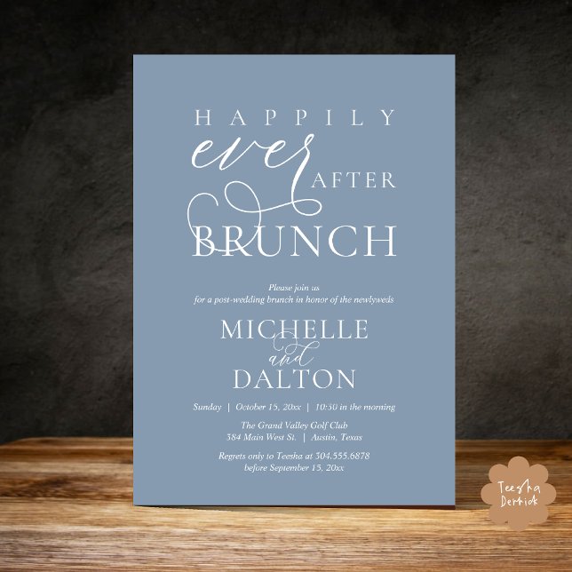 Lyckligtvis efter Brunch vackra Post Bröllop Inbjudningar (Happily Ever After Brunch Invitation Card PDF Wedding Elopement Modern Romantic Classy Dusty Blue)