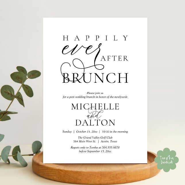 Lyckligtvis efter Brunch vackra Post Bröllop Inbjudningar (Happily Ever After Brunch Invitation Card, Post Wedding Party Crew Romantic PDF in Black White)
