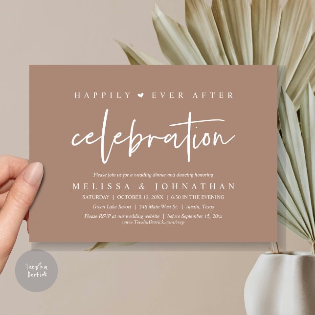 Lyckligtvis efter Firande, Bröllop, middag Inbjudningar (Happily Ever After Celebration, Wedding Dinner Invitation Card, PDF, Modern Script, in Taupe)