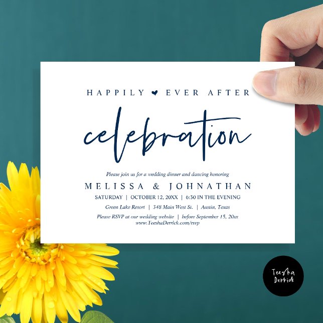 Lyckligtvis efter Firande, Bröllop, middag Inbjudningar (Happily Ever After Celebration, Wedding Dinner Invitation Card, PDF, Modern Script, in Navy Blue)