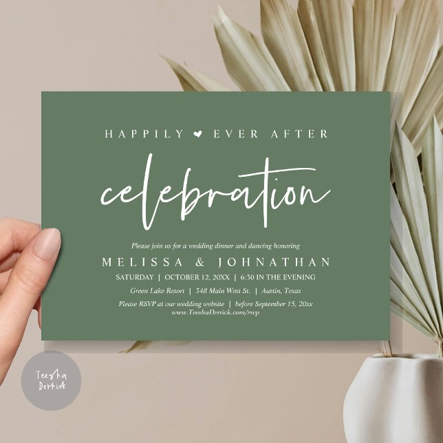 Lyckligtvis efter Firande, Bröllop, middag Inbjudningar (Happily Ever After Celebration, Wedding Dinner Invitation Card, PDF, Modern Script, in Sage Green)