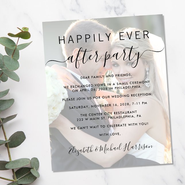 Lyckligtvis efter fotobröllopsmottagningen i Inbju (A stylish photo overlay invitation for a reception to celebrate your elopement or private wedding)