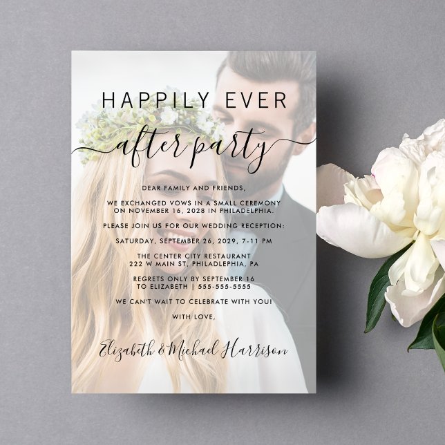 Lyckligtvis efter fotoövertäckningen bröllopsmotta inbjudningar (An chic Happily Ever After Party Invitation to set the tone for an unforgettable event)