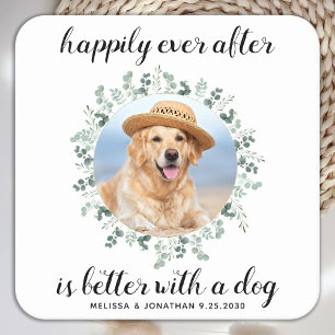 Lyckligtvis efter Greenery Pet Photo Hund Bröllop Underlägg Papper Kvadrat