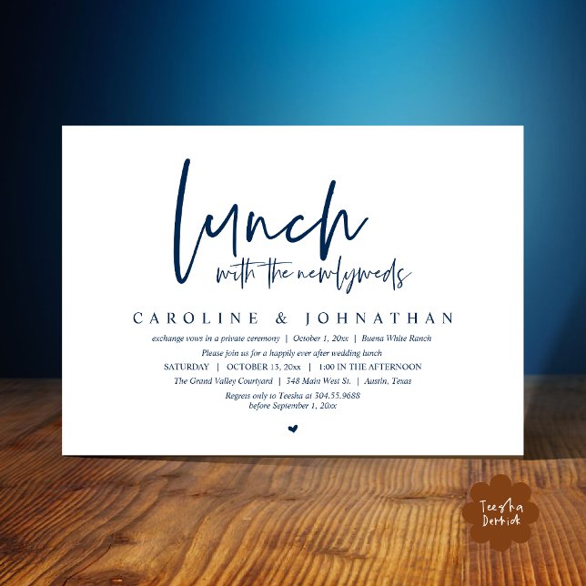Lyckligtvis efter lanseringen med de nya lywederna inbjudningar (Lunch with the Newlyweds, Happily Ever After Modern Minimalist Invitation Card PDF Navy Blue)