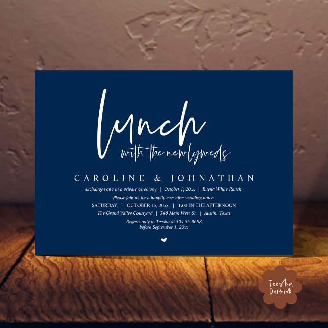 Lyckligtvis efter lanseringen med de nya lywederna inbjudningar (Lunch with the Newlyweds, Happily Ever After Modern Minimalist Invitation Card PDF Navy Blue)