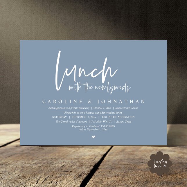 Lyckligtvis efter lanseringen med de nya lywederna inbjudningar (Lunch with the Newlyweds, Happily Ever After Modern Minimalist Invitation Card PDF Dusty Blue)