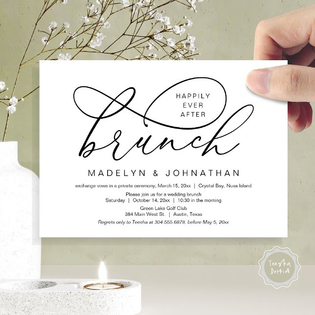 Lyckligtvis efter Lunch, Bröllop Elopement Inbjudningar (Happily Ever After Brunch, Wedding Elopement Party Invitation Card, PDF, Classy, Black and White)