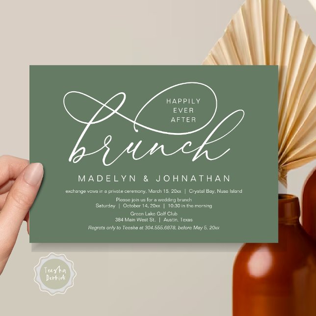 Lyckligtvis efter Lunch, Bröllop Elopement Inbjudningar (Happily Ever After Brunch, Wedding Elopement Party Invitation Card, PDF, Classy, Forest Sage Green)