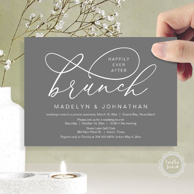 Lyckligtvis efter Lunch, Bröllop Elopement Inbjudningar (Happily Ever After Brunch, Wedding Elopement Party Invitation Card, PDF, Classy, Dark Grey)