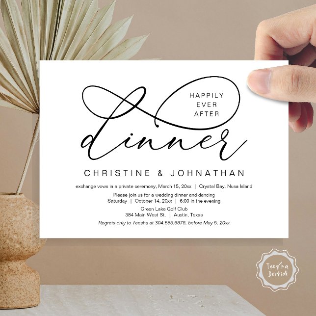 Lyckligtvis efter Lunch, Bröllop Elopement Inbjudningar (Happily Ever After Dinner, Wedding Elopement Invitation Card, Classy Script, in Black and White)