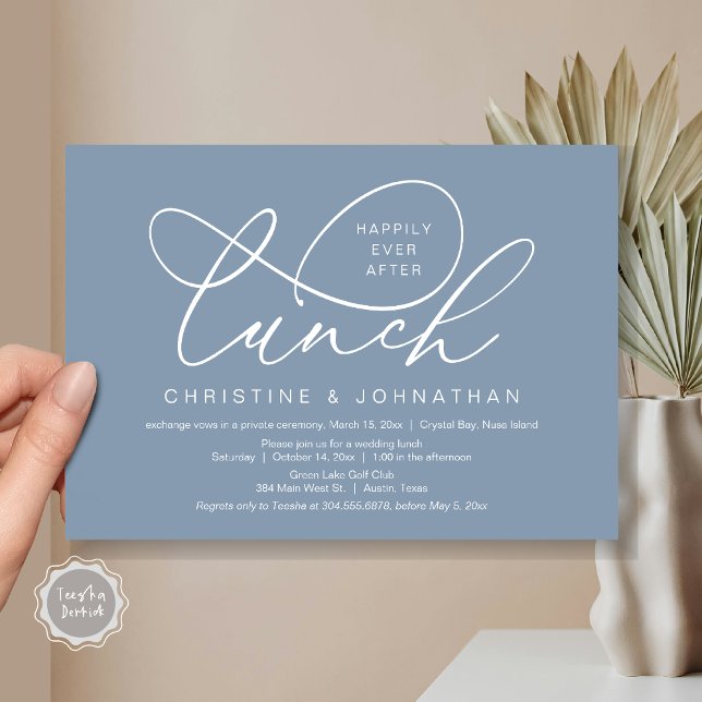 Lyckligtvis efter Lunch, Bröllop Elopement Inbjudningar (Happily Ever After Lunch, Wedding Elopement Invitation Card, PDF, Classy Script, in Dusty Blue)