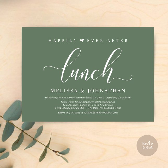 Lyckligtvis efter Lunch, Bröllop Elopement party Inbjudningar (Happily Ever After Lunch Invitation Card, PDF, Modern Classy Script, in Sage Green)