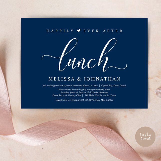 Lyckligtvis efter Lunch, Bröllop Elopement party Inbjudningar (Happily Ever After Lunch Invitation Card, PDF, Modern Classy Script, in Navy Blue)