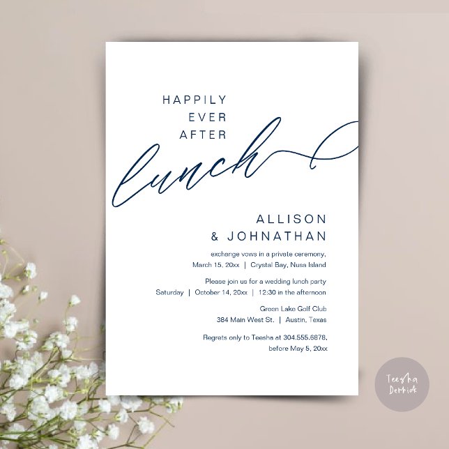 Lyckligtvis efter Lunch, Bröllop-marinblått Inbjudningar (Happily Ever After Lunch, Wedding Elopement Invitation Card, PDF, Modern Classy, in Navy Blue)