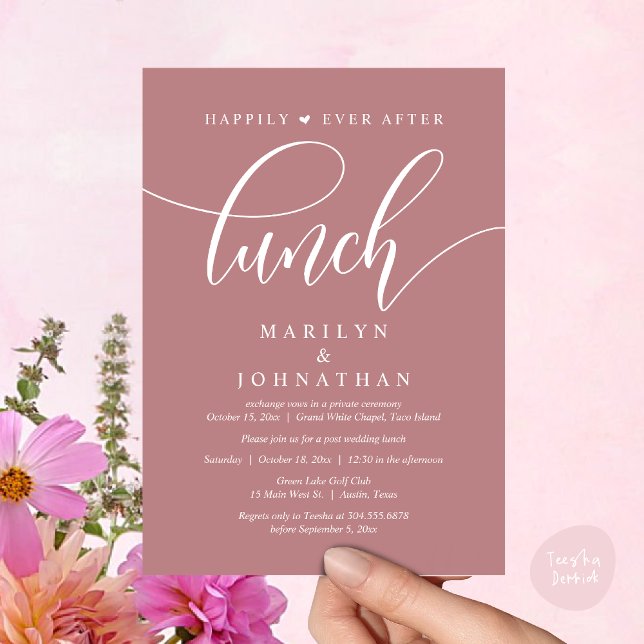 Lyckligtvis efter Lunch, efter Bröllop Inbjudningar (Happily Ever After Lunch, Wedding Party Invitation Card PDF Modern Beautiful Dusty Rose Pink)