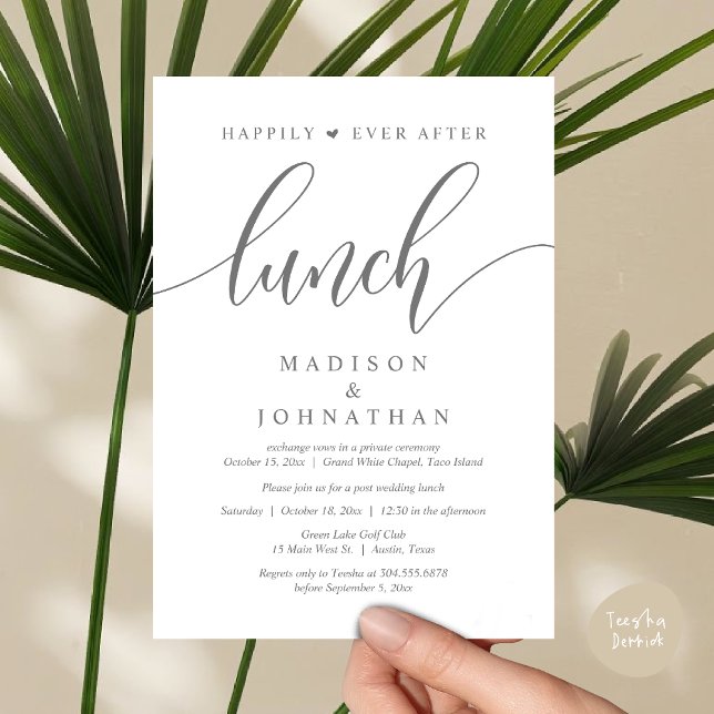 Lyckligtvis efter Lunch, efter Bröllop Inbjudningar (Happily Ever After Lunch, Wedding Party Invitation Card PDF Modern Beautiful Dark Grey)