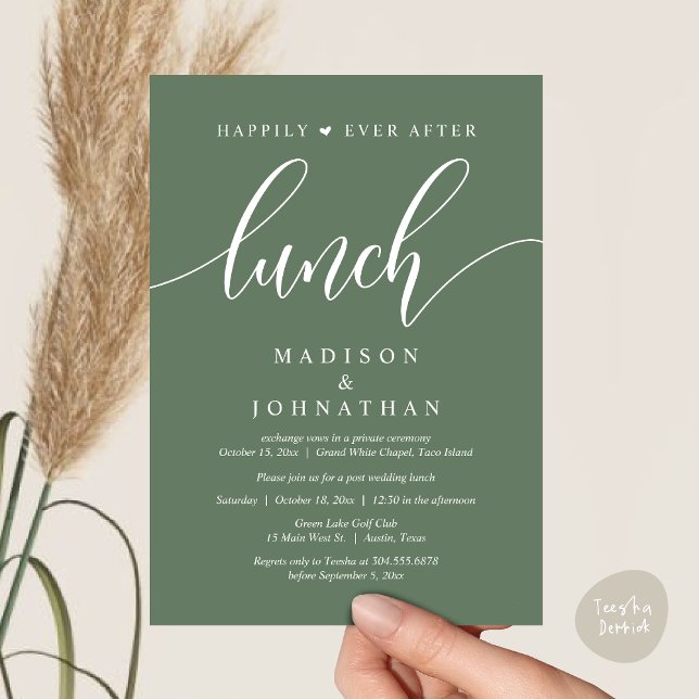 Lyckligtvis efter Lunch, efter Bröllop Inbjudningar (Happily Ever After Lunch, Wedding Party Invitation Card PDF Modern Romantic Greenery Sage Green)