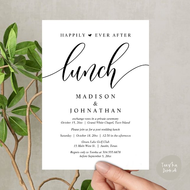 Lyckligtvis efter Lunch, efter Bröllop Inbjudningar (Happily Ever After Lunch, Wedding Party Invitation Card PDF Modern Romantic White Black)