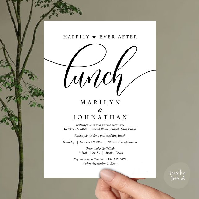 Lyckligtvis efter Lunch, efter Bröllop Inbjudningar (Happily Ever After Lunch, Wedding Party Invitation Card PDF Modern Romantic White Black)